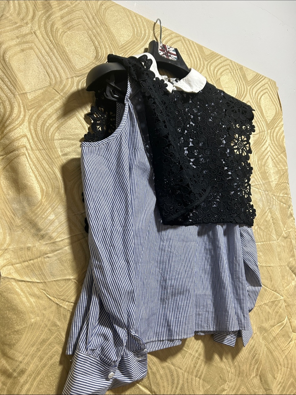 Women’s Striped Button-Down Shirt with Black Lace Bib Collar - Picture 5 of 6